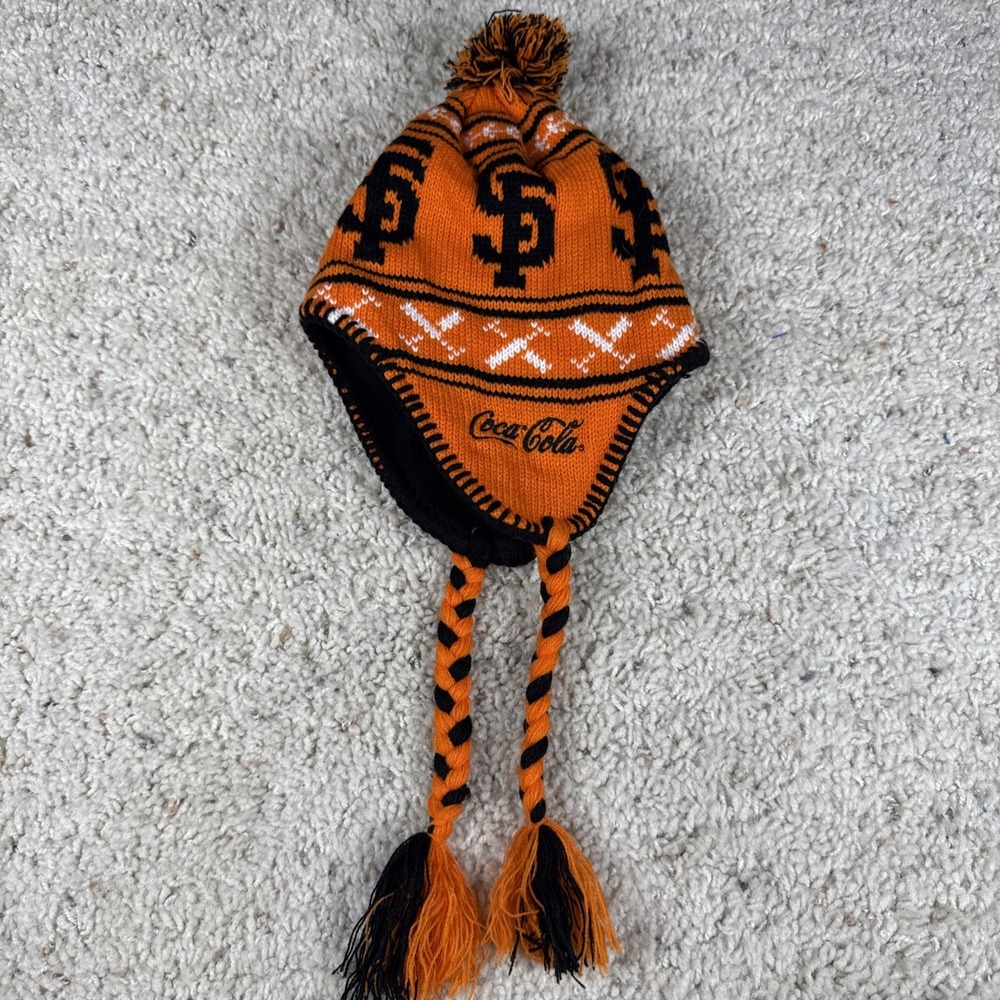 San Francisco Giants x Coca Cola Pom Pom Ear Flap Beanie Baseball Orange Black